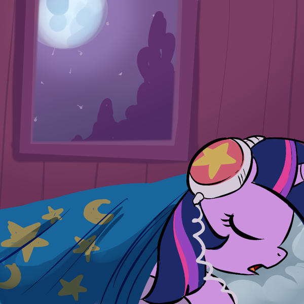 Size: 1000x1000 | Tagged: safe, artist:madmax, derpibooru import, twilight sparkle, pony, unicorn, bed, bedroom, cute, eyes closed, female, headphones, mare, moon, night, open mouth, side, sleeping, solo, twiabetes, window