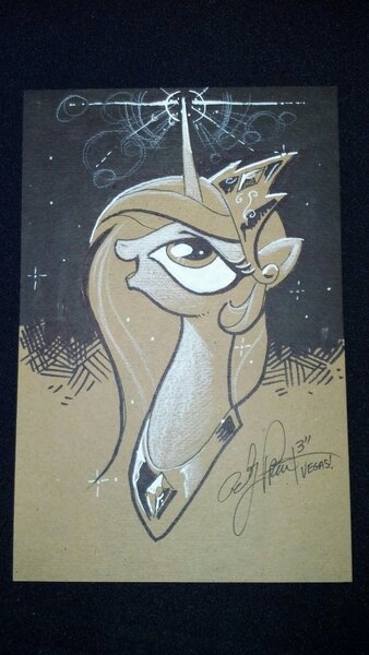 Size: 1024x1816 | Tagged: safe, artist:andypriceart, derpibooru import, idw, princess celestia, alicorn, pony, autograph, convention, solo, traditional art