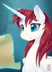 Size: 756x1051 | Tagged: safe, artist:skyheavens, derpibooru import, oc, oc:fausticorn, unofficial characters only, alicorn, pony, lauren faust, scroll, solo