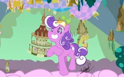 Size: 1988x1234 | Tagged: artist:zeronitan, chaos, cloud, cotton candy cloud, cute, derpibooru import, discorded landscape, floating island, green sky, hat, ponyville, ponyville town hall, propeller hat, safe, screwball, smiling, swirly eyes, town hall, upside down