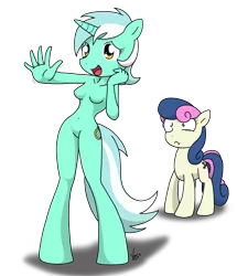 Size: 1976x2296 | Tagged: safe, artist:sandwich-anomaly, derpibooru import, bon bon, lyra heartstrings, sweetie drops, anthro, earth pony, pony, unguligrade anthro, barbie doll anatomy, breasts, featureless breasts, skinny