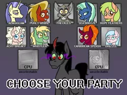 Size: 800x600 | Tagged: ask king sombra, choose your party, derpibooru import, king sombra, oc, oc:achy breaky heart, oc:alakaglam, oc:caribbean splash, oc:drizzle, oc:freckles, oc:hope feathers, oc:purly whirl, oc:sea breeze, oc:whistler, safe