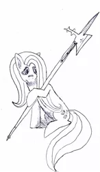 Size: 1020x1750 | Tagged: artist:pyrogre, derpibooru import, fluttershy, halberd, safe, traditional art, weapon