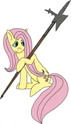 Size: 912x1591 | Tagged: artist:pyrogre, artist:raryfagotto, colored, derpibooru import, fluttershy, halberd, safe, weapon