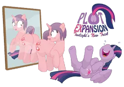 Size: 15000x10500 | Tagged: dead source, suggestive, artist:xniclord789x, derpibooru import, twilight sparkle, twilight sparkle (alicorn), oc, alicorn, pony, absurd resolution, blushing, butt expansion, female, laughing, mare, mirror, plot, simple background, the ass was fat, transparent background