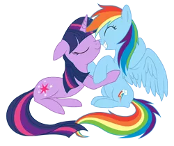 Size: 1070x900 | Tagged: safe, artist:doctorraz, artist:mn27, derpibooru import, rainbow dash, twilight sparkle, boop, eyes closed, floppy ears, grin, happy, hug, noseboop, nuzzling, shipping, simple background, sitting, spread wings, squee, transparent background, twidash, vector, wingboner