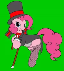 Size: 576x638 | Tagged: artist:btbunny, cane, clothes, derpibooru import, fishnets, frock coat, hat, pinkie pie, safe, solo, stockings, top hat, tuxedo