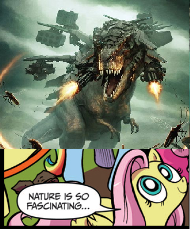Size: 391x471 | Tagged: badass, cockroach, cyborg, derpibooru import, dinosaur, exploitable meme, fluttershy, idw, meme, nature is so fascinating, safe, tyrannosaurus rex