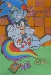 Size: 1024x1513 | Tagged: artist:spectrum-sparkle, cosplay, crossover, crossover shipping, derpibooru import, female, interspecies, love, male, plushie, rainbow dash, safe, shipping, sonicdash, sonic the hedgehog, sonic the hedgehog (series), straight, traditional art