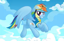 Size: 5015x3245 | Tagged: safe, artist:drawponies, derpibooru import, rainbow dash, pegasus, pony, absurd resolution, badge, clothes, cloud, cloudy, female, flying, goggles, looking at you, mare, plot, sky, solo, spread wings, underhoof, uniform, wings, wonderbolt trainee uniform, wonderbolts, wonderbolts uniform