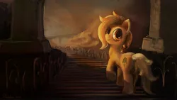 Size: 2800x1575 | Tagged: safe, artist:paladin, derpibooru import, oc, oc:safe haven, unofficial characters only, earth pony, pony, looking at you, looking back, looking back at you, solo, stairs, wallpaper