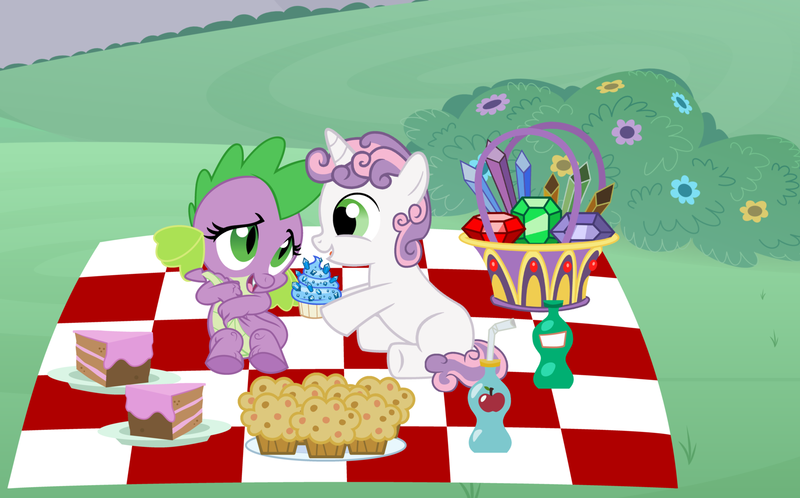 Size: 1600x995 | Tagged: safe, artist:evilfrenzy, derpibooru import, spike, sweetie belle, barb, barbelle, cupcake, female, food, gem, male, picnic, rule 63, sapphire, sapphire cupcake, shipping, silver bell, silverbarb, spikebelle, straight, sweepybarb