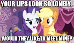 Size: 480x283 | Tagged: safe, derpibooru import, edit, edited screencap, screencap, applejack, rarity, earth pony, pony, unicorn, magical mystery cure, caption, female, hub logo, image macro, imgflip, implied kissing, lesbian, mare, meme, rarijack, rarity's bad pickup lines, shipping