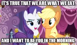 Size: 480x283 | Tagged: safe, derpibooru import, edit, edited screencap, screencap, applejack, rarity, pony, unicorn, magical mystery cure, caption, female, hub logo, image macro, imgflip, implied cunnilingus, implied oral, implied sex, innuendo, lesbian, mare, meme, rarijack, rarity's bad pickup lines, shipping