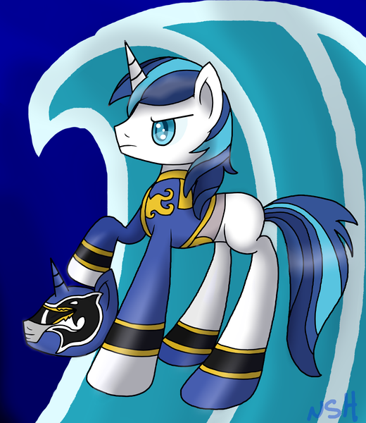 Size: 2546x2940 | Tagged: safe, artist:novaspark, derpibooru import, shining armor, pony, unicorn, blue ranger, clothes, goseiblue, helmet, male, megaforce blue, parody, power rangers, power rangers megaforce, solo, super sentai, tensou sentai goseiger, uniform, wave