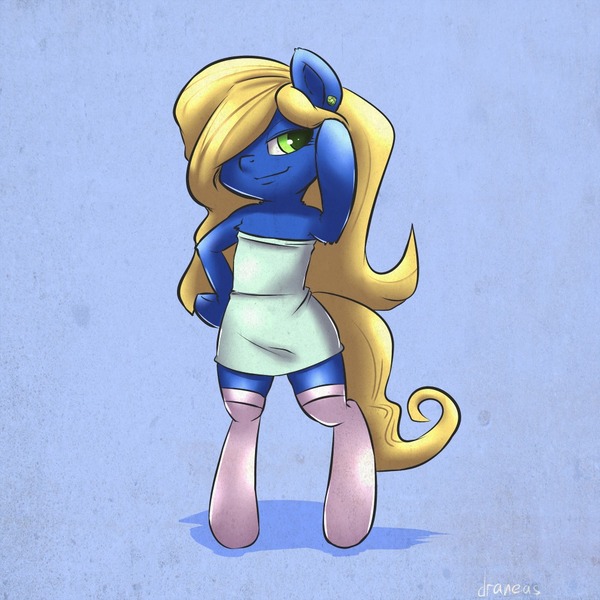 Size: 1000x1000 | Tagged: safe, artist:draneas, derpibooru import, ponified, pony, bipedal, clothes, dress, hair over one eye, looking at you, smiling, smurfette, smurfs, socks