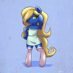 Size: 1000x1000 | Tagged: safe, artist:draneas, derpibooru import, ponified, pony, bipedal, clothes, dress, hair over one eye, looking at you, smiling, smurfette, smurfs, socks