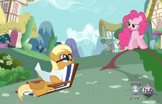 Size: 544x350 | Tagged: a friend in deed, apple cobbler, apple family member, background pony, bedroom eyes, derpibooru import, hub logo, out of context, pinkie pie, safe, screencap, tree