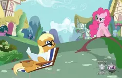 Size: 544x350 | Tagged: a friend in deed, apple cobbler, apple family member, background pony, bedroom eyes, derpibooru import, hub logo, out of context, pinkie pie, safe, screencap, tree