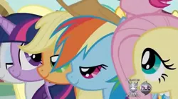 Size: 612x342 | Tagged: a friend in deed, applejack, bedroom eyes, derpibooru import, fluttershy, hub logo, out of context, pinkie pie, rainbow dash, rarity, safe, screencap, smile song, twilight sparkle