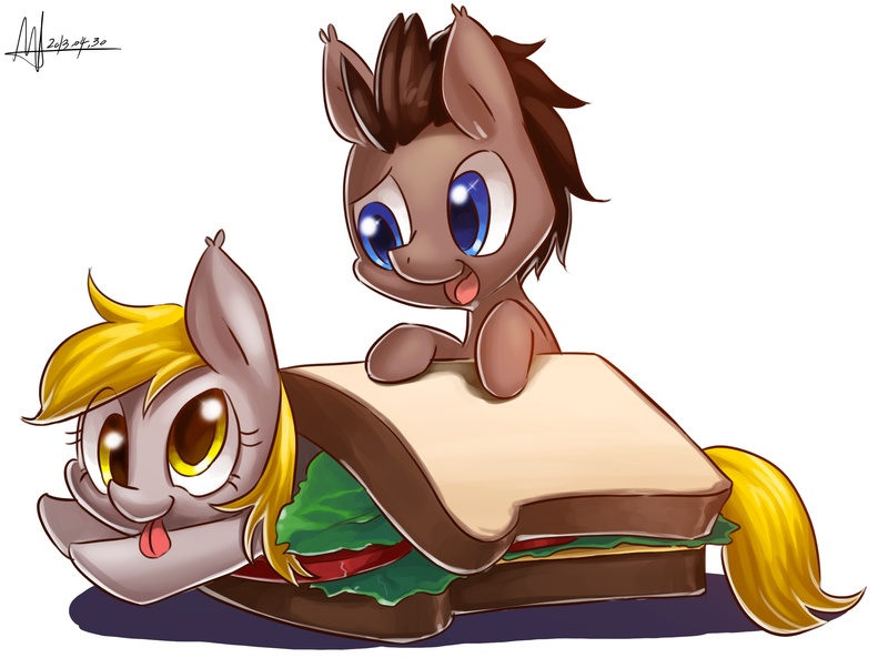 Size: 2481x1840 | Tagged: safe, artist:jggjqm522, derpibooru import, derpy hooves, doctor whooves, time turner, pegasus, pony, cute, female, food, mare, sandwich, tongue out