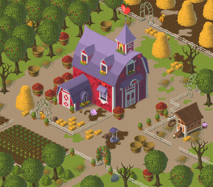 Size: 1600x1407 | Tagged: safe, artist:assasinmonkey, derpibooru import, applejack, winona, chicken, earth pony, pig, pony, isometric, scenery, sweet apple acres