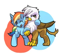 Size: 718x624 | Tagged: safe, artist:apricolor, derpibooru import, gilda, rainbow dash, gryphon, pegasus, pony, blushing, duo, female, gildash, hug, interspecies, lesbian, mare, pixiv, shipping, simple background, spread wings, white background, wings