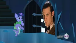 Size: 854x480 | Tagged: derpibooru import, doctor who, eleventh doctor, exploitable meme, meme, safe, spike, tardis, the god complex, the scary door, twilight sparkle