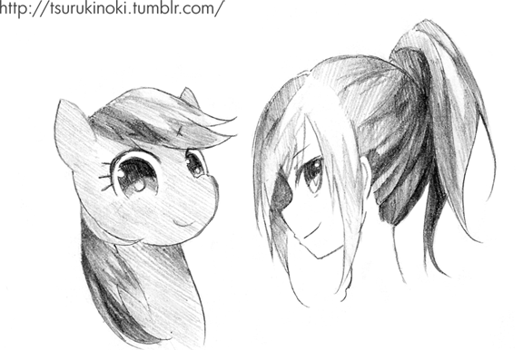 Size: 576x386 | Tagged: artist:tsurukinoki, derpibooru import, duality, grayscale, humanized, human ponidox, monochrome, ponytail, portrait, rainbow dash, safe