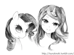 Size: 571x428 | Tagged: artist:tsurukinoki, derpibooru import, duality, grayscale, horned humanization, humanized, human ponidox, monochrome, portrait, rarity, safe