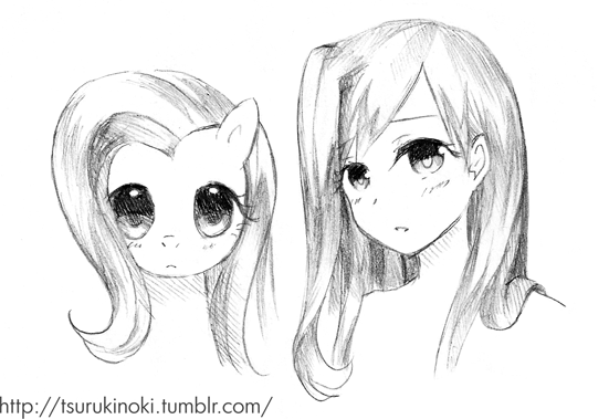 Size: 551x379 | Tagged: artist:tsurukinoki, derpibooru import, duality, fluttershy, grayscale, humanized, human ponidox, monochrome, portrait, safe