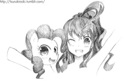 Size: 706x448 | Tagged: artist:tsurukinoki, derpibooru import, duality, grayscale, humanized, human ponidox, monochrome, pinkie pie, portrait, safe