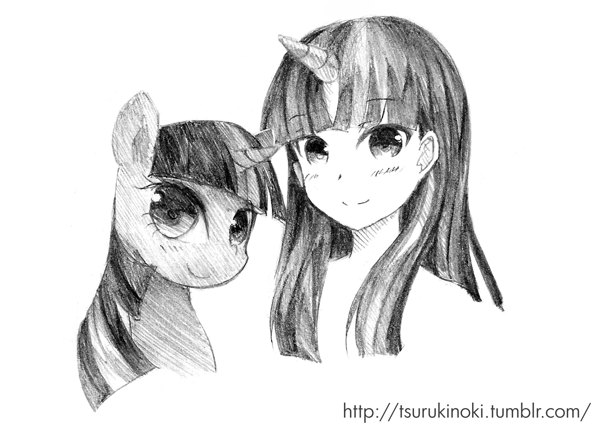 Size: 591x423 | Tagged: artist:tsurukinoki, derpibooru import, duality, grayscale, horned humanization, humanized, human ponidox, monochrome, portrait, safe, twilight sparkle