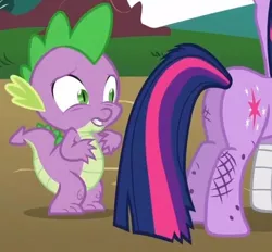Size: 500x464 | Tagged: safe, derpibooru import, screencap, spike, twilight sparkle, pony, unicorn, feeling pinkie keen, butt, dirty, eyes on the prize, female, injured, mare, out of context, plot, twibutt, unicorn twilight
