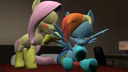 Size: 1192x670 | Tagged: safe, artist:legoguy9875, derpibooru import, fluttershy, rainbow dash, 3d, blushing, clothes, eyes closed, female, flutterdash, gmod, lesbian, preening, shipping, socks