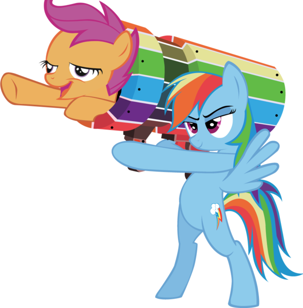 Size: 900x915 | Tagged: safe, derpibooru import, rainbow dash, scootaloo, pegasus, pony, cannon, cannon ponies, female, filly, mare, rocket launcher
