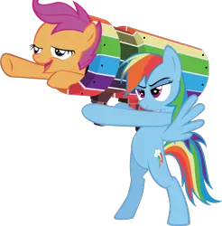 Size: 900x915 | Tagged: safe, derpibooru import, rainbow dash, scootaloo, pegasus, pony, cannon, cannon ponies, female, filly, mare, rocket launcher