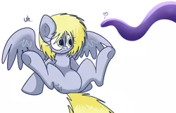 Size: 1280x824 | Tagged: safe, artist:extradan, derpibooru import, derpy hooves, oc, oc:jerky hooves, pegasus, pony, chest fluff, dialogue, female, heart, looking at something, mare, simple background, spread legs, spread wings, spreading, tentacles, underhoof, white background, wings