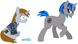 Size: 5300x3000 | Tagged: dead source, safe, artist:gimoody, derpibooru import, oc, oc:homage, oc:littlepip, unofficial characters only, pony, unicorn, fallout equestria, fanfic, clothes, cutie mark, fanfic art, female, grin, hooves, horn, lesbian, mare, oc x oc, pipbuck, raised hoof, shipping, simple background, sitting, smiling, standing, transparent background, vault suit