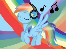 Size: 2592x1944 | Tagged: safe, artist:kukirra, derpibooru import, rainbow dash, headphones, music notes, rainbow, solo