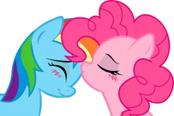 Size: 1024x686 | Tagged: safe, artist:thebiancoangelo, derpibooru import, pinkie pie, rainbow dash, blushing, embarrassed, female, forehead kiss, kissing, lesbian, pinkiedash, shipping, smiling