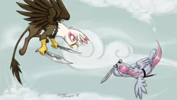 Size: 1920x1080 | Tagged: safe, artist:hereticofdune, artist:lunarapologist, derpibooru import, oc, unofficial characters only, gryphon, cloud, cloudy, duo, fight, flying, mouth hold, sword, weapon