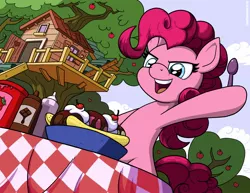 Size: 1650x1276 | Tagged: artist:latecustomer, banana split, clubhouse, crusaders clubhouse, cute, derpibooru import, diapinkes, food, hoof hold, ice cream, open mouth, pinkie pie, safe, solo, spoon, table