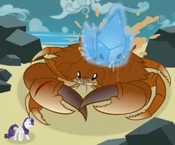 Size: 3621x3000 | Tagged: artist:godoffury, beach, crab, crystal, derpibooru import, fight, giant crab, magic, rarity, rarity fighting a giant crab, safe