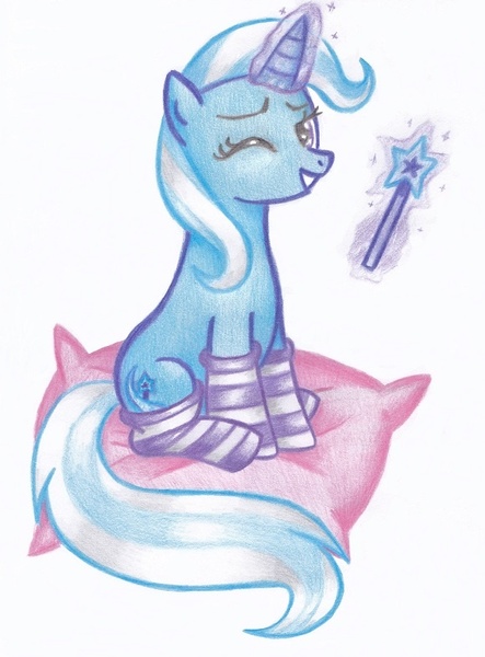 Size: 580x786 | Tagged: safe, artist:miyukikyki, derpibooru import, trixie, pony, unicorn, clothes, female, magic, mare, pillow, smiling, socks, solo, striped socks, telekinesis, traditional art, wand, wink