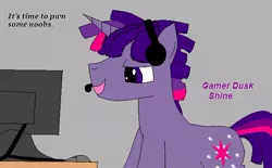 Size: 612x379 | Tagged: safe, derpibooru import, twilight sparkle, pony, unicorn, ask gamer dusk shine, computer, dialogue, dusk shine, gamer, gray background, headset, open mouth, rule 63, simple background, smiling, solo, video game