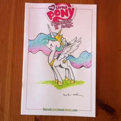 Size: 500x500 | Tagged: safe, artist:katiecandraw, derpibooru import, idw, princess celestia, blushing, cute, cutelestia, smiling, solo, spread wings, traditional art