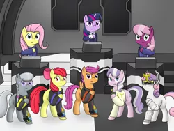 Size: 1600x1200 | Tagged: safe, artist:pvryohei, derpibooru import, apple bloom, cheerilee, diamond tiara, fluttershy, scootaloo, silver spoon, sweetie belle, twilight sparkle, earth pony, pegasus, pony, robot, unicorn, blank flank, crossover, cutie mark, cutie mark crusaders, female, filly, foal, glasses, go-busters, hooves, horn, looking at you, mare, smiling, super sentai, sweetie bot, teeth, tokumei sentai go-busters, wings