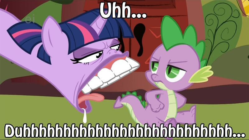 Size: 1200x676 | Tagged: safe, artist:blue-von, derpibooru import, spike, twilight sparkle, caption, drawn together, drool, frown, glare, open mouth, tongue out, unamused, voice actor joke