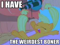 Size: 854x640 | Tagged: suggestive, derpibooru import, edit, edited screencap, screencap, applejack, earth pony, pony, look before you sleep, bed, caption, female, image macro, implied erection, mare, on back, out of context, pillow, tailboner, telescope, weirdest boner